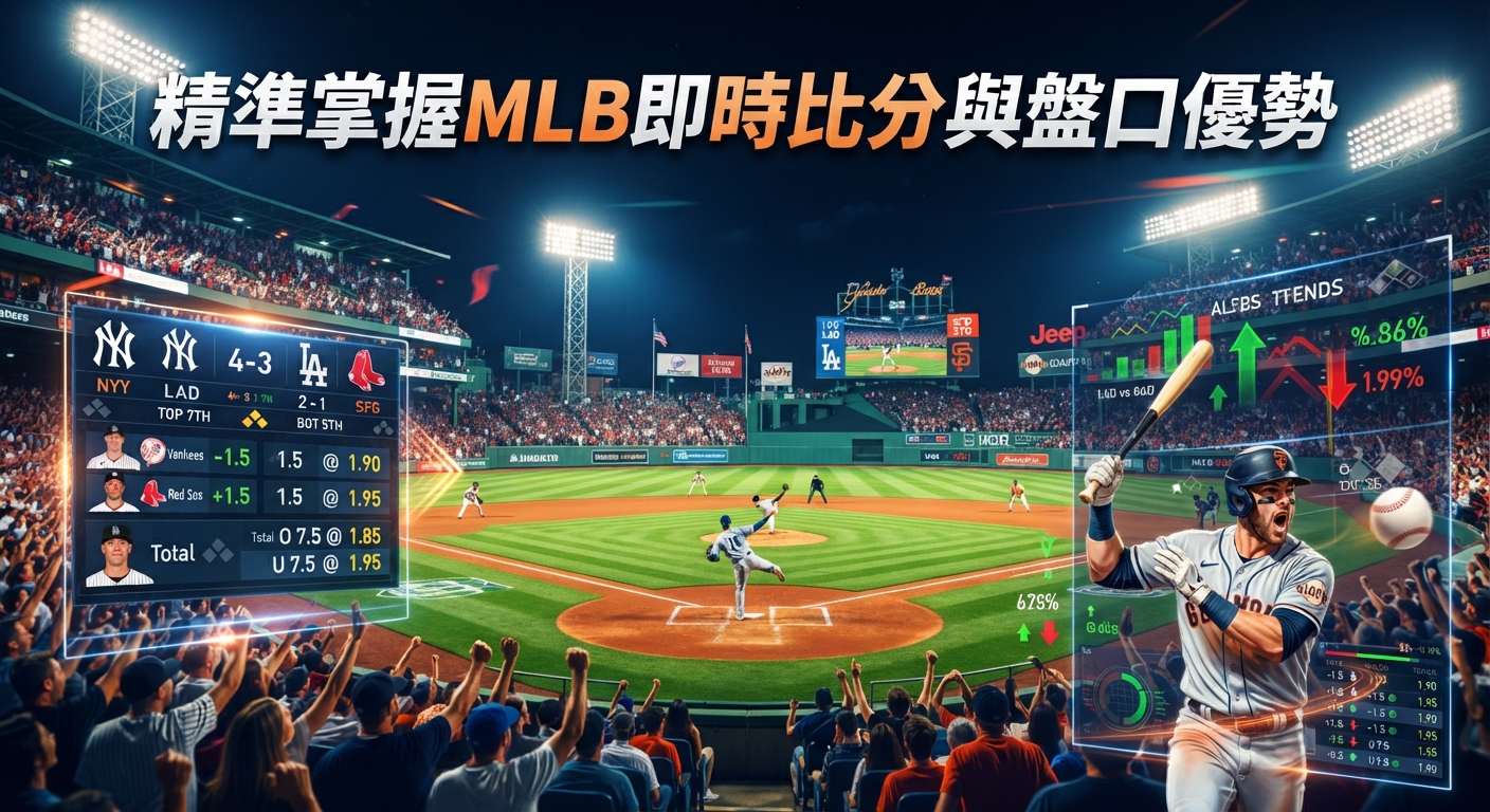 這張圖片展示了一座熱鬧的大型棒球場景，並在上方醒目地顯示了「精準掌握MLB即時比分與盤口優勢」的標題。 畫面中結合了球賽實況、即時比分數據看板以及運彩盤口分析介面，突顯出專業與精準的運彩數據掌握。