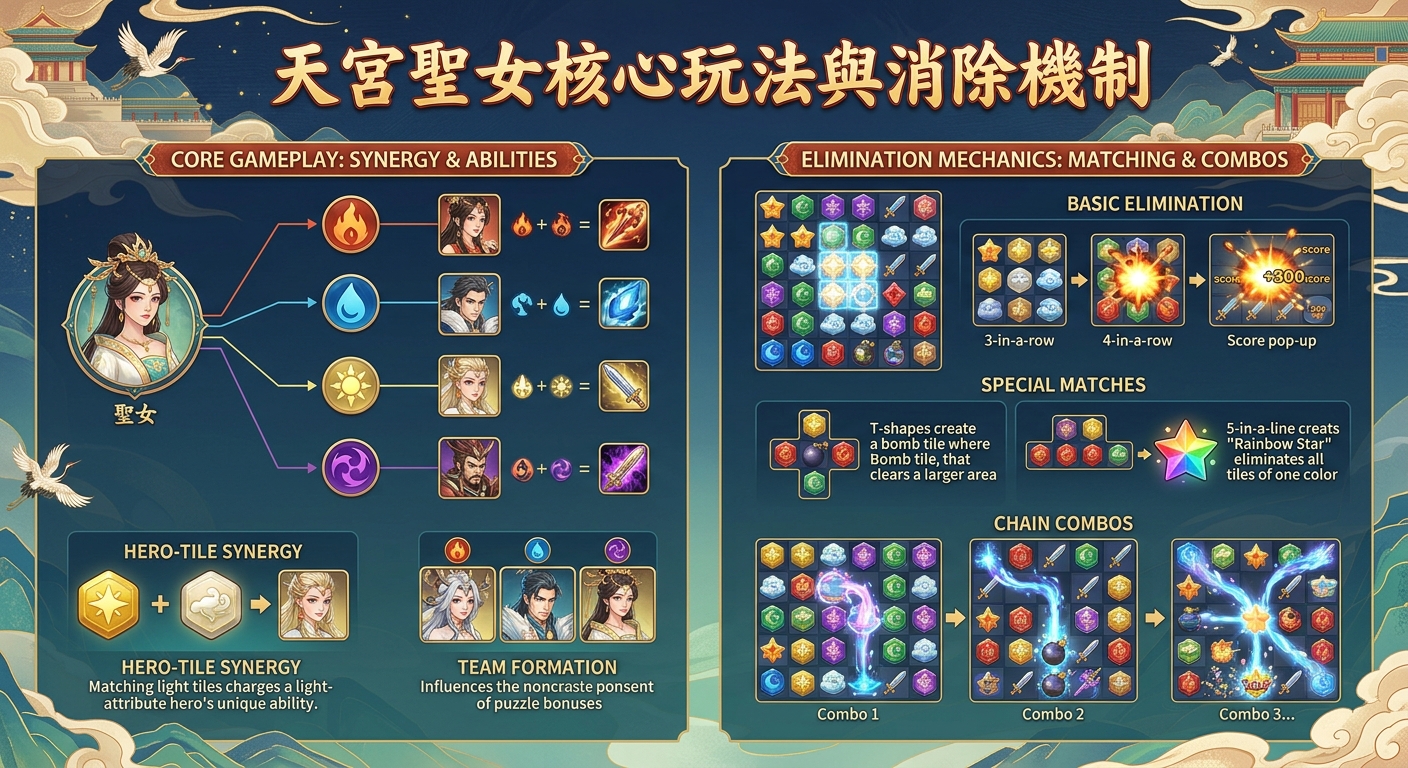 這張圖片是一份遊戲攻略指南，詳細展示了「天宮聖女」的核心玩法與元素消除機制。 內容結合了英雄屬性連動與各式消除連擊的示範圖解，呈現出豐富且具策略性的遊戲畫面。