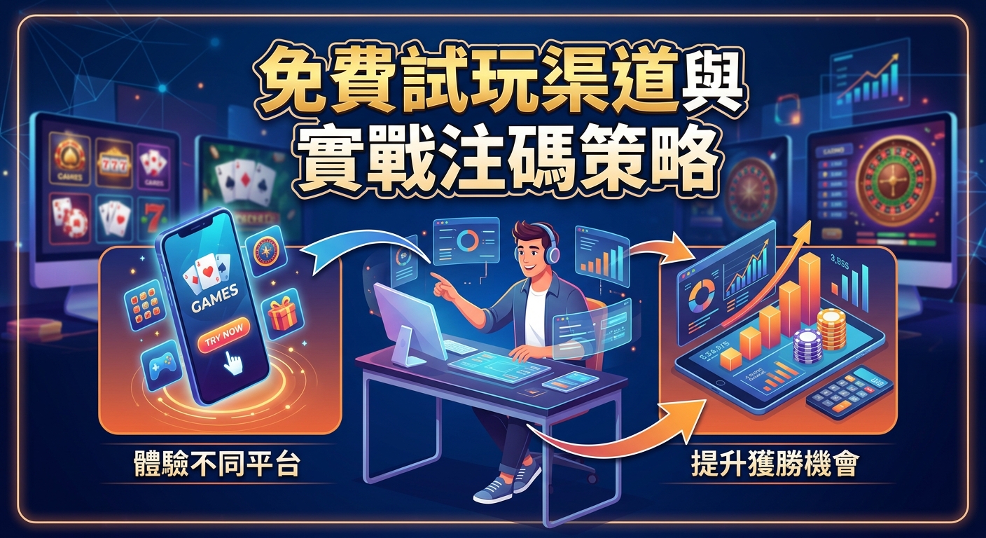 這張圖畫展示了一位男子在電腦前分析數據，左側為手機上的免費試玩遊戲，右側為包含籌碼與圖表的實戰注碼策略。 上方標有大字標題「免費試玩渠道與實戰注碼策略」，整體呈現出結合體驗與策略分析的科技感畫面。